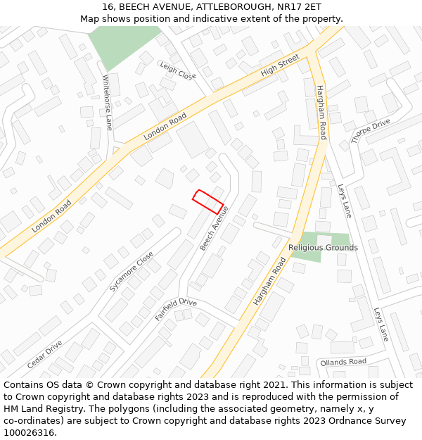16, BEECH AVENUE, ATTLEBOROUGH, NR17 2ET: Location map and indicative extent of plot