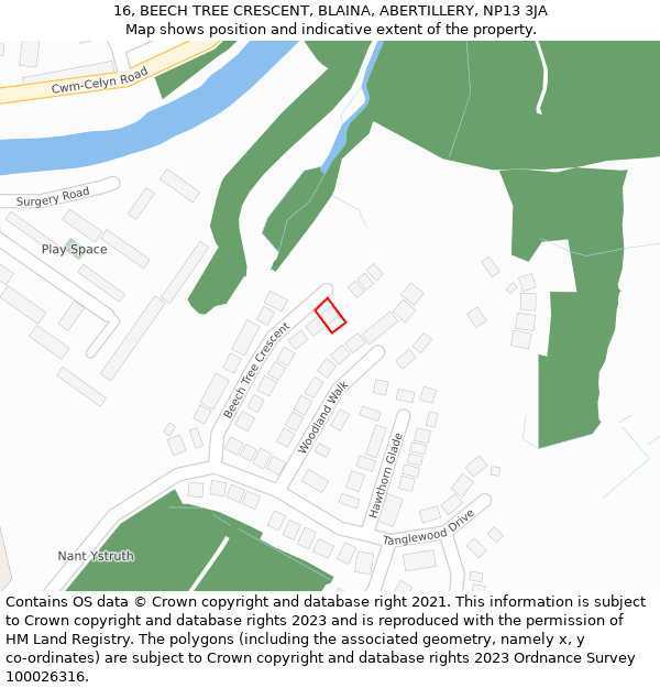 16, BEECH TREE CRESCENT, BLAINA, ABERTILLERY, NP13 3JA: Location map and indicative extent of plot
