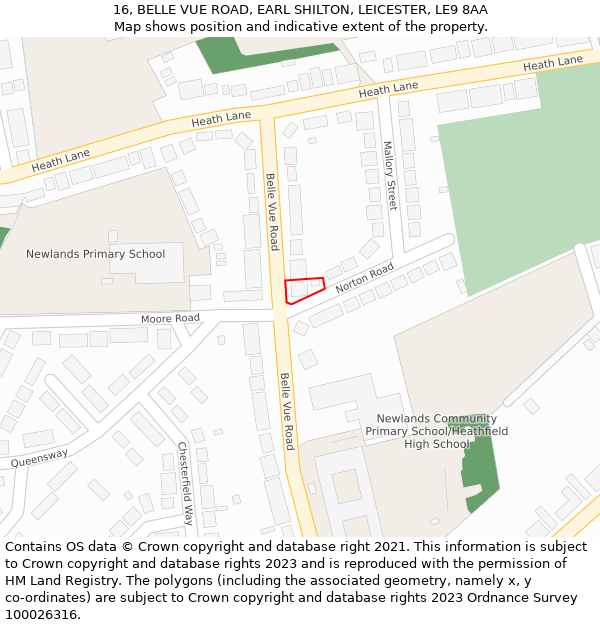 16, BELLE VUE ROAD, EARL SHILTON, LEICESTER, LE9 8AA: Location map and indicative extent of plot