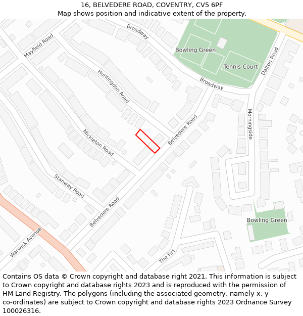 16, BELVEDERE ROAD, COVENTRY, CV5 6PF: Location map and indicative extent of plot