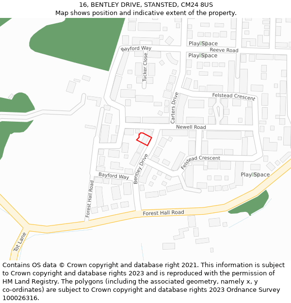 16, BENTLEY DRIVE, STANSTED, CM24 8US: Location map and indicative extent of plot