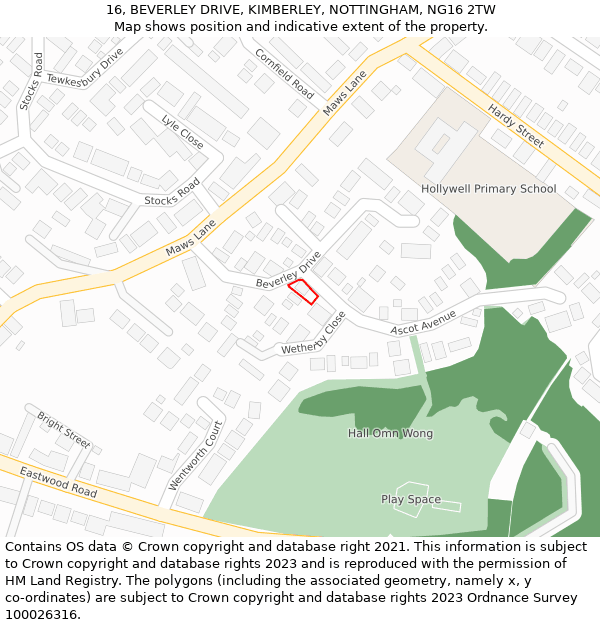 16, BEVERLEY DRIVE, KIMBERLEY, NOTTINGHAM, NG16 2TW: Location map and indicative extent of plot