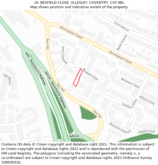 16, BEXFIELD CLOSE, ALLESLEY, COVENTRY, CV5 9BL: Location map and indicative extent of plot