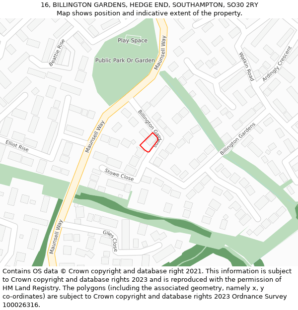 16, BILLINGTON GARDENS, HEDGE END, SOUTHAMPTON, SO30 2RY: Location map and indicative extent of plot