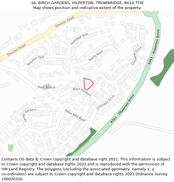 16, BIRCH GARDENS, HILPERTON, TROWBRIDGE, BA14 7TW: Location map and indicative extent of plot