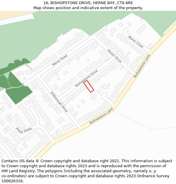 16, BISHOPSTONE DRIVE, HERNE BAY, CT6 6RE: Location map and indicative extent of plot