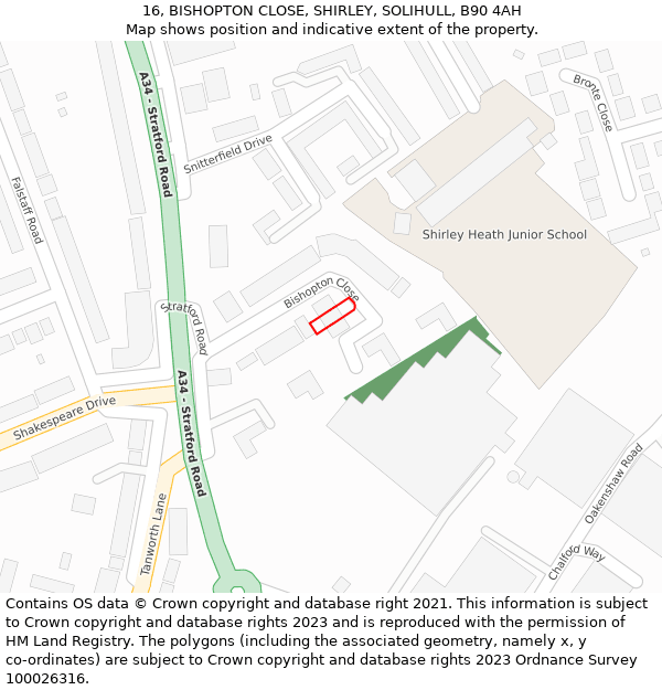 16, BISHOPTON CLOSE, SHIRLEY, SOLIHULL, B90 4AH: Location map and indicative extent of plot