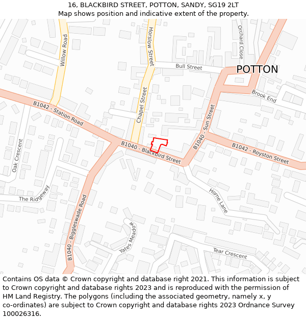 16, BLACKBIRD STREET, POTTON, SANDY, SG19 2LT: Location map and indicative extent of plot
