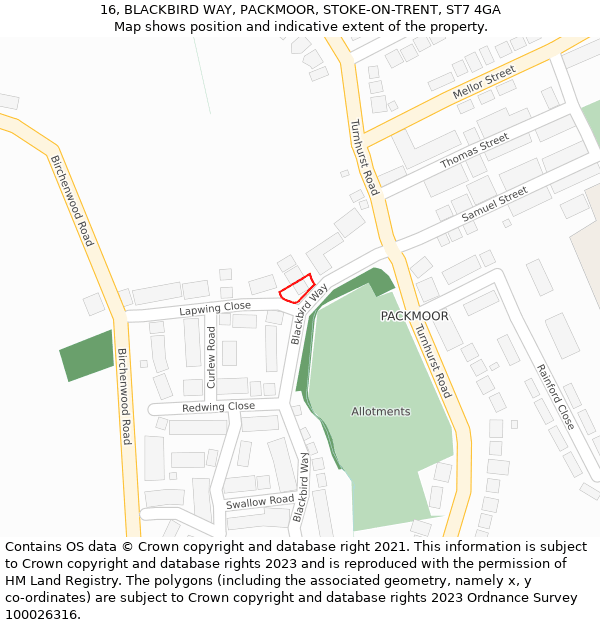 16, BLACKBIRD WAY, PACKMOOR, STOKE-ON-TRENT, ST7 4GA: Location map and indicative extent of plot