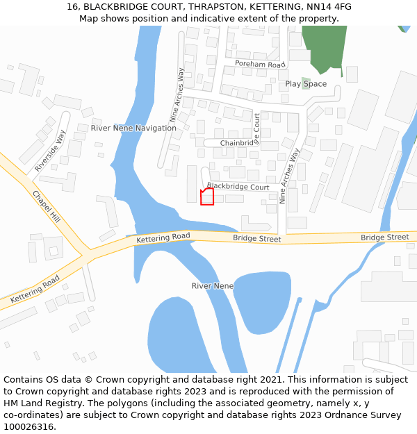 16, BLACKBRIDGE COURT, THRAPSTON, KETTERING, NN14 4FG: Location map and indicative extent of plot