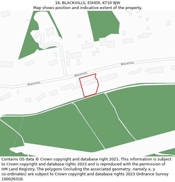 16, BLACKHILLS, ESHER, KT10 9JW: Location map and indicative extent of plot