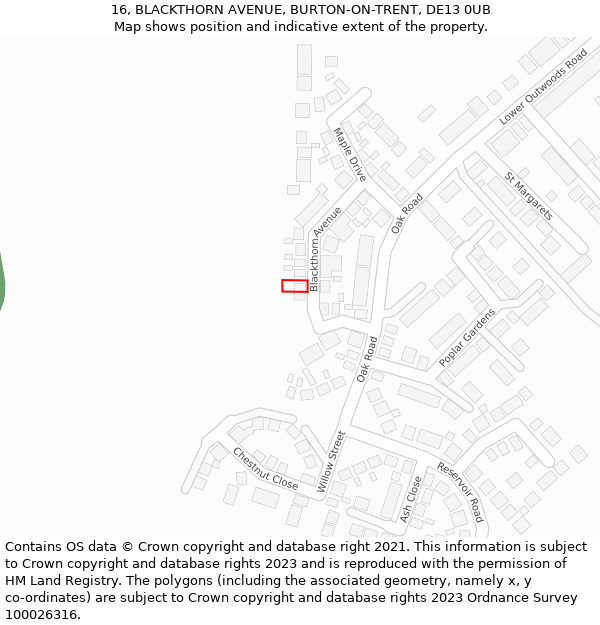 16, BLACKTHORN AVENUE, BURTON-ON-TRENT, DE13 0UB: Location map and indicative extent of plot