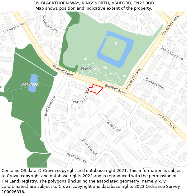 16, BLACKTHORN WAY, KINGSNORTH, ASHFORD, TN23 3QB: Location map and indicative extent of plot