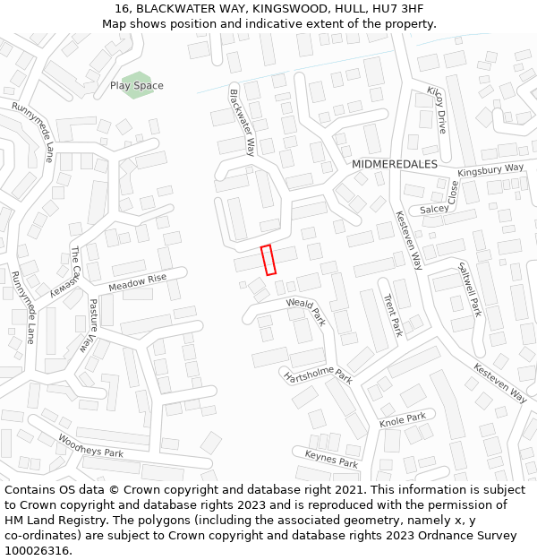 16, BLACKWATER WAY, KINGSWOOD, HULL, HU7 3HF: Location map and indicative extent of plot