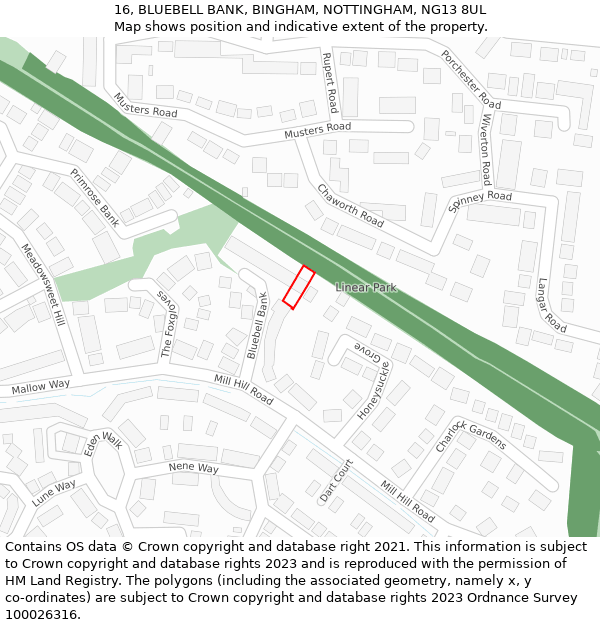 16, BLUEBELL BANK, BINGHAM, NOTTINGHAM, NG13 8UL: Location map and indicative extent of plot