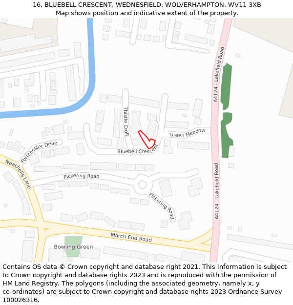 16, BLUEBELL CRESCENT, WEDNESFIELD, WOLVERHAMPTON, WV11 3XB: Location map and indicative extent of plot