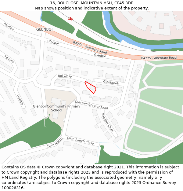 16, BOI CLOSE, MOUNTAIN ASH, CF45 3DP: Location map and indicative extent of plot