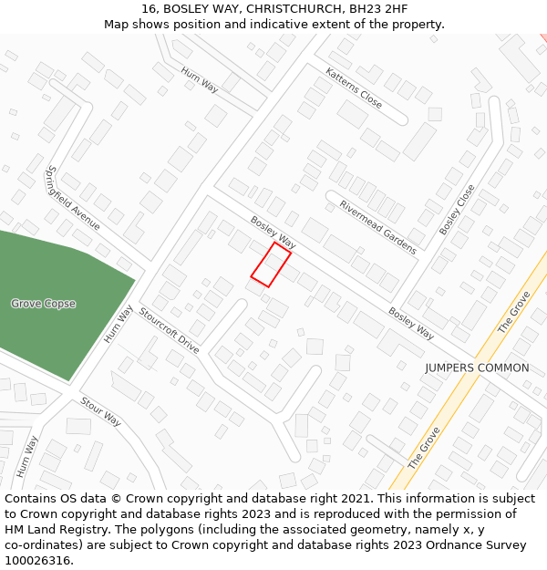16, BOSLEY WAY, CHRISTCHURCH, BH23 2HF: Location map and indicative extent of plot