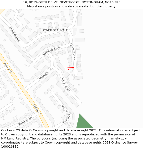 16, BOSWORTH DRIVE, NEWTHORPE, NOTTINGHAM, NG16 3RF: Location map and indicative extent of plot