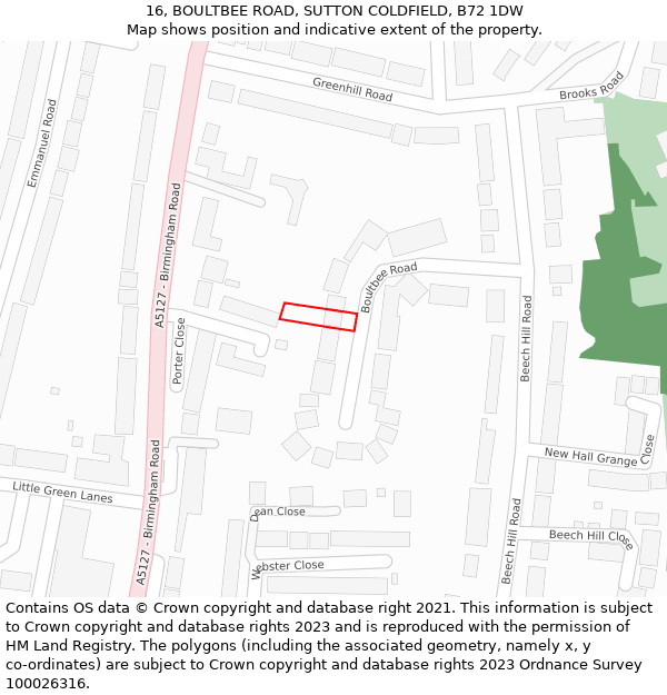 16, BOULTBEE ROAD, SUTTON COLDFIELD, B72 1DW: Location map and indicative extent of plot