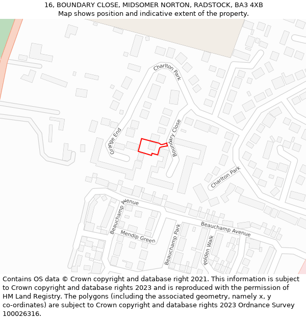16, BOUNDARY CLOSE, MIDSOMER NORTON, RADSTOCK, BA3 4XB: Location map and indicative extent of plot