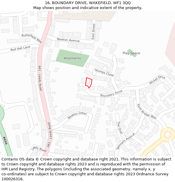 16, BOUNDARY DRIVE, WAKEFIELD, WF1 3QQ: Location map and indicative extent of plot