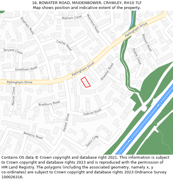 16, BOWATER ROAD, MAIDENBOWER, CRAWLEY, RH10 7LF: Location map and indicative extent of plot