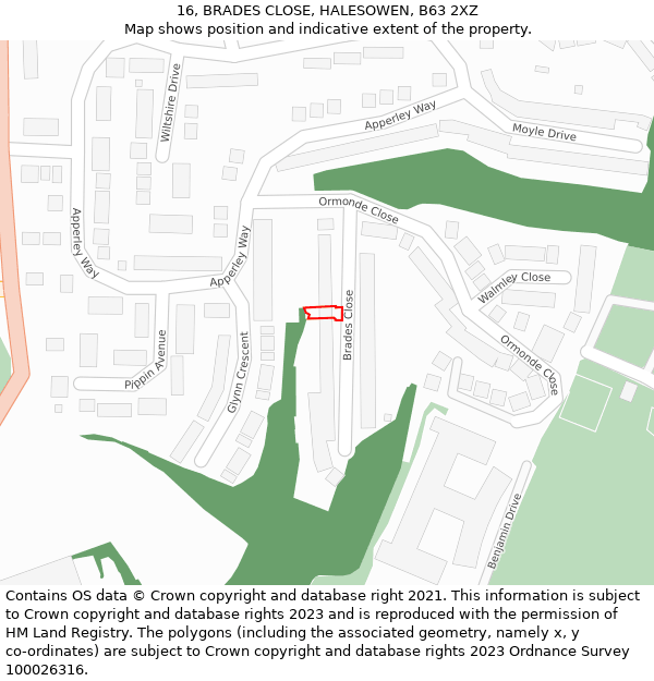 16, BRADES CLOSE, HALESOWEN, B63 2XZ: Location map and indicative extent of plot