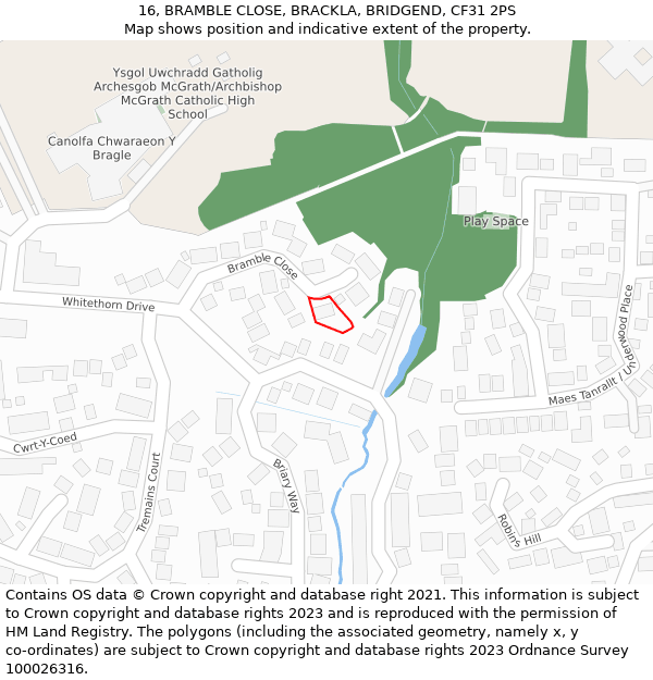 16, BRAMBLE CLOSE, BRACKLA, BRIDGEND, CF31 2PS: Location map and indicative extent of plot