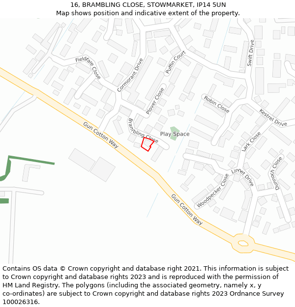 16, BRAMBLING CLOSE, STOWMARKET, IP14 5UN: Location map and indicative extent of plot