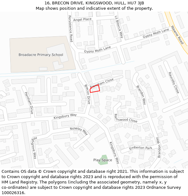 16, BRECON DRIVE, KINGSWOOD, HULL, HU7 3JB: Location map and indicative extent of plot