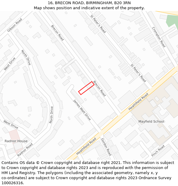 16, BRECON ROAD, BIRMINGHAM, B20 3RN: Location map and indicative extent of plot