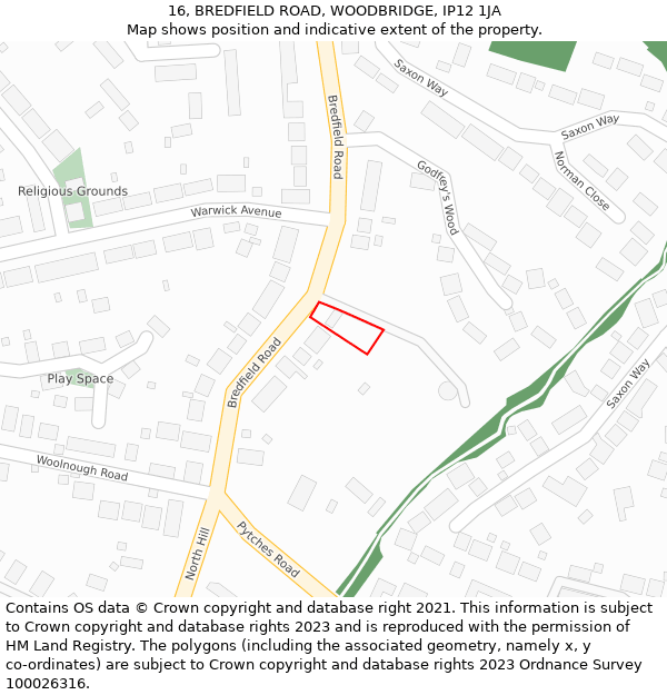 16, BREDFIELD ROAD, WOODBRIDGE, IP12 1JA: Location map and indicative extent of plot