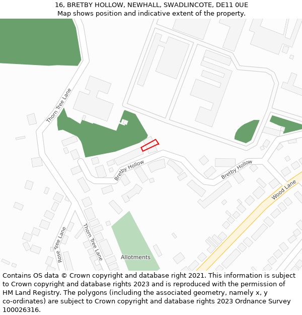 16, BRETBY HOLLOW, NEWHALL, SWADLINCOTE, DE11 0UE: Location map and indicative extent of plot