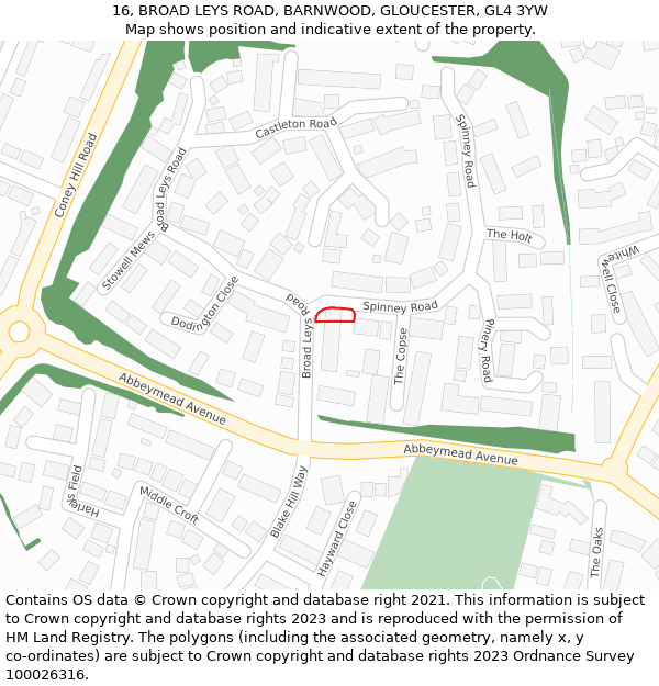 16, BROAD LEYS ROAD, BARNWOOD, GLOUCESTER, GL4 3YW: Location map and indicative extent of plot