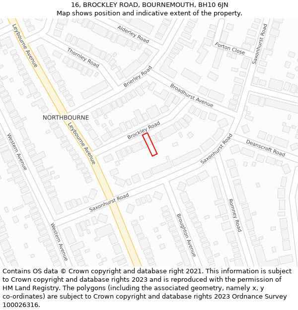 16, BROCKLEY ROAD, BOURNEMOUTH, BH10 6JN: Location map and indicative extent of plot