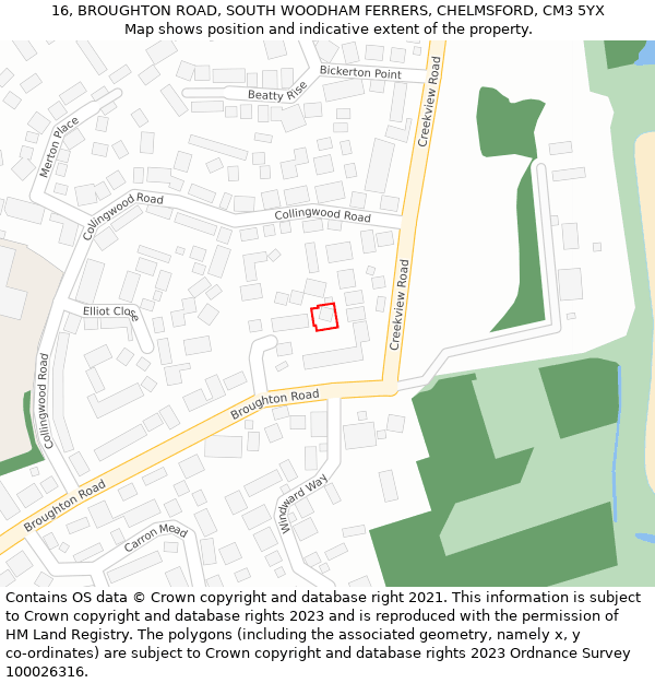 16, BROUGHTON ROAD, SOUTH WOODHAM FERRERS, CHELMSFORD, CM3 5YX: Location map and indicative extent of plot