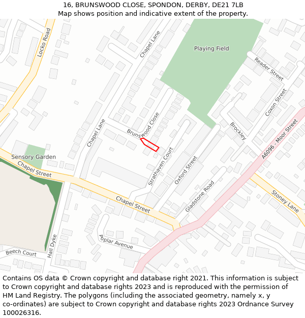 16, BRUNSWOOD CLOSE, SPONDON, DERBY, DE21 7LB: Location map and indicative extent of plot