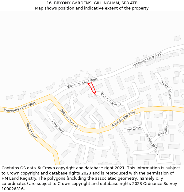 16, BRYONY GARDENS, GILLINGHAM, SP8 4TR: Location map and indicative extent of plot