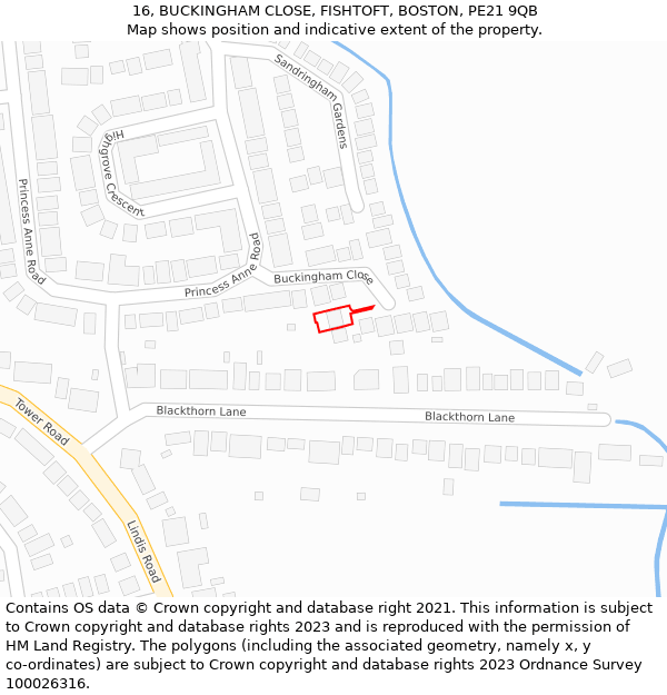 16, BUCKINGHAM CLOSE, FISHTOFT, BOSTON, PE21 9QB: Location map and indicative extent of plot