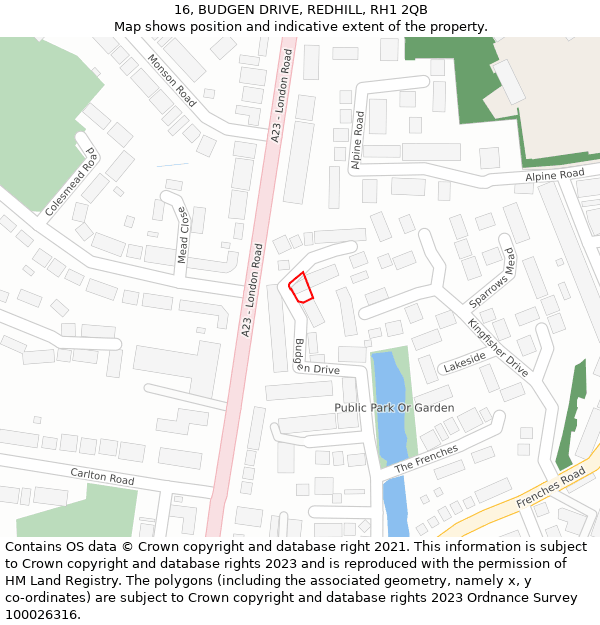 16, BUDGEN DRIVE, REDHILL, RH1 2QB: Location map and indicative extent of plot