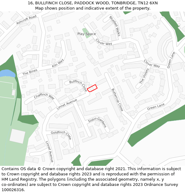 16, BULLFINCH CLOSE, PADDOCK WOOD, TONBRIDGE, TN12 6XN: Location map and indicative extent of plot