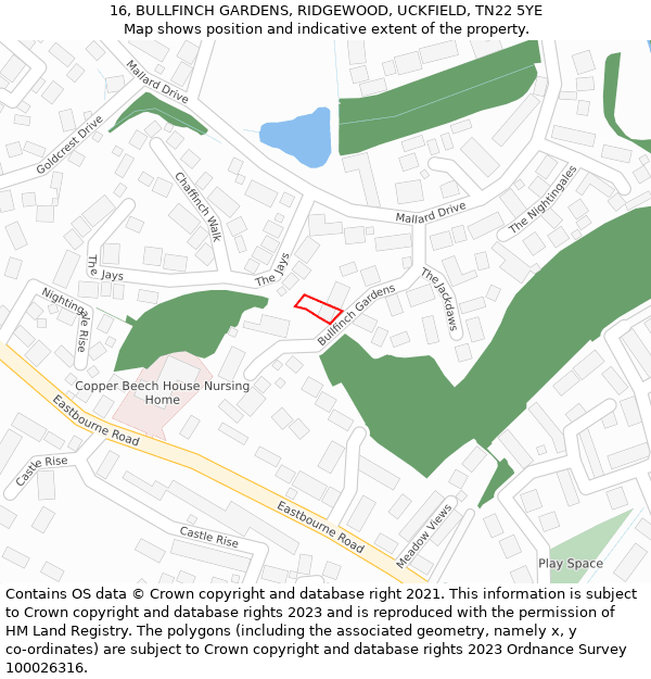 16, BULLFINCH GARDENS, RIDGEWOOD, UCKFIELD, TN22 5YE: Location map and indicative extent of plot