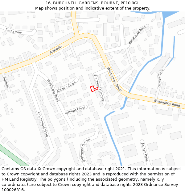 16, BURCHNELL GARDENS, BOURNE, PE10 9GL: Location map and indicative extent of plot