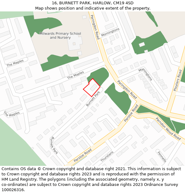 16, BURNETT PARK, HARLOW, CM19 4SD: Location map and indicative extent of plot