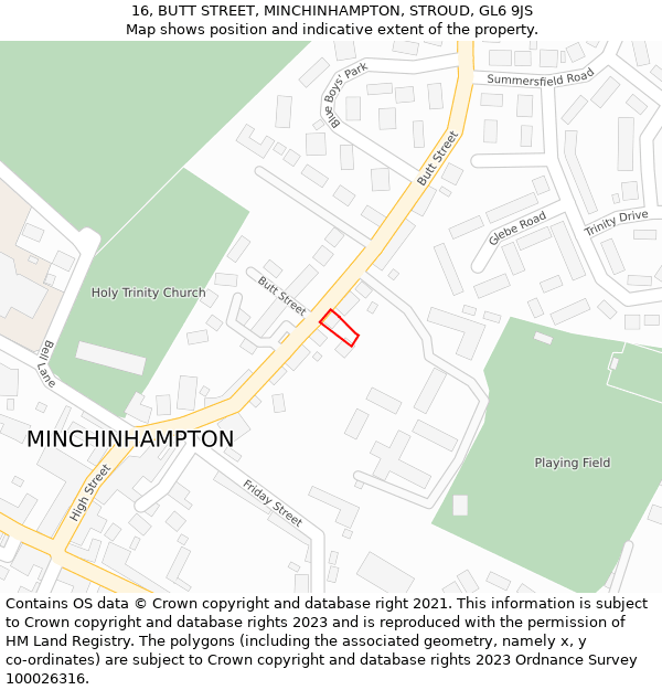 16, BUTT STREET, MINCHINHAMPTON, STROUD, GL6 9JS: Location map and indicative extent of plot