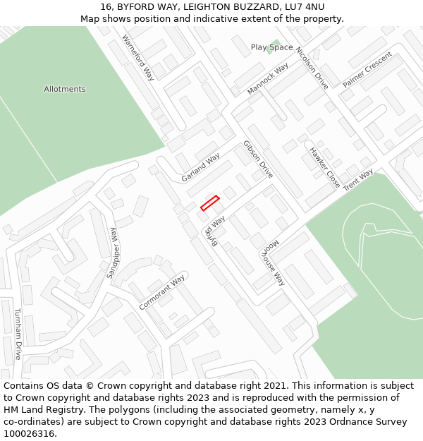 16, BYFORD WAY, LEIGHTON BUZZARD, LU7 4NU: Location map and indicative extent of plot