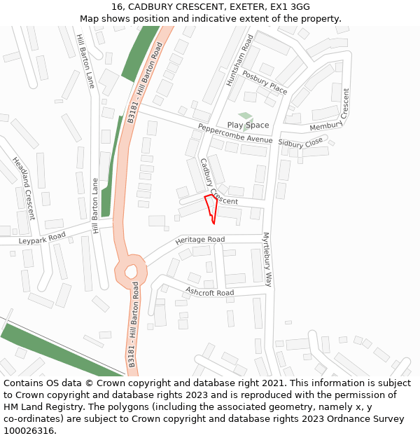 16, CADBURY CRESCENT, EXETER, EX1 3GG: Location map and indicative extent of plot