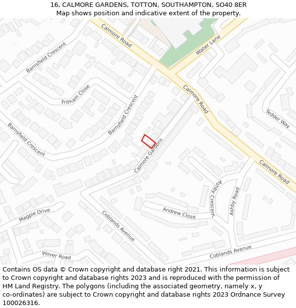 16, CALMORE GARDENS, TOTTON, SOUTHAMPTON, SO40 8ER: Location map and indicative extent of plot