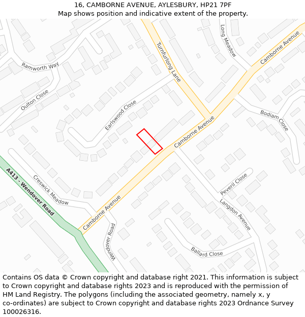 16, CAMBORNE AVENUE, AYLESBURY, HP21 7PF: Location map and indicative extent of plot